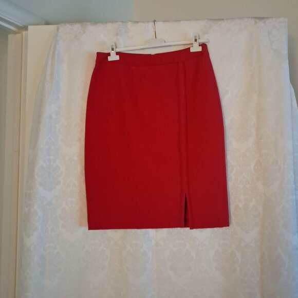 Red Straight Fully-Lined Skirt with Detailed Seams and Front Kick Pleat - Picture 1 of 3